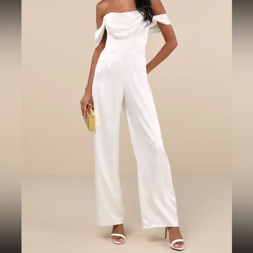 Lulu's White Off-Shoulder Jumpsuit with Wide-Leg Elegance